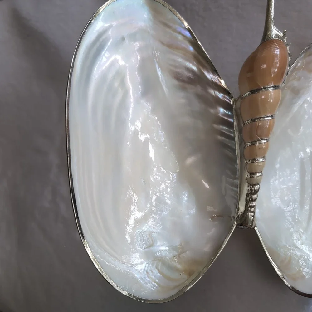 Large Vintage Mother of Pearl Clam Shell Trinket Dish Feet Manila Nautical Decor